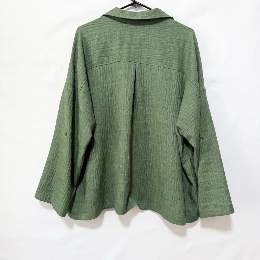 Max Studio London 3X Green Blouse Collared Roll Tab Sleeve Oversized Top - Picture 4 of 10